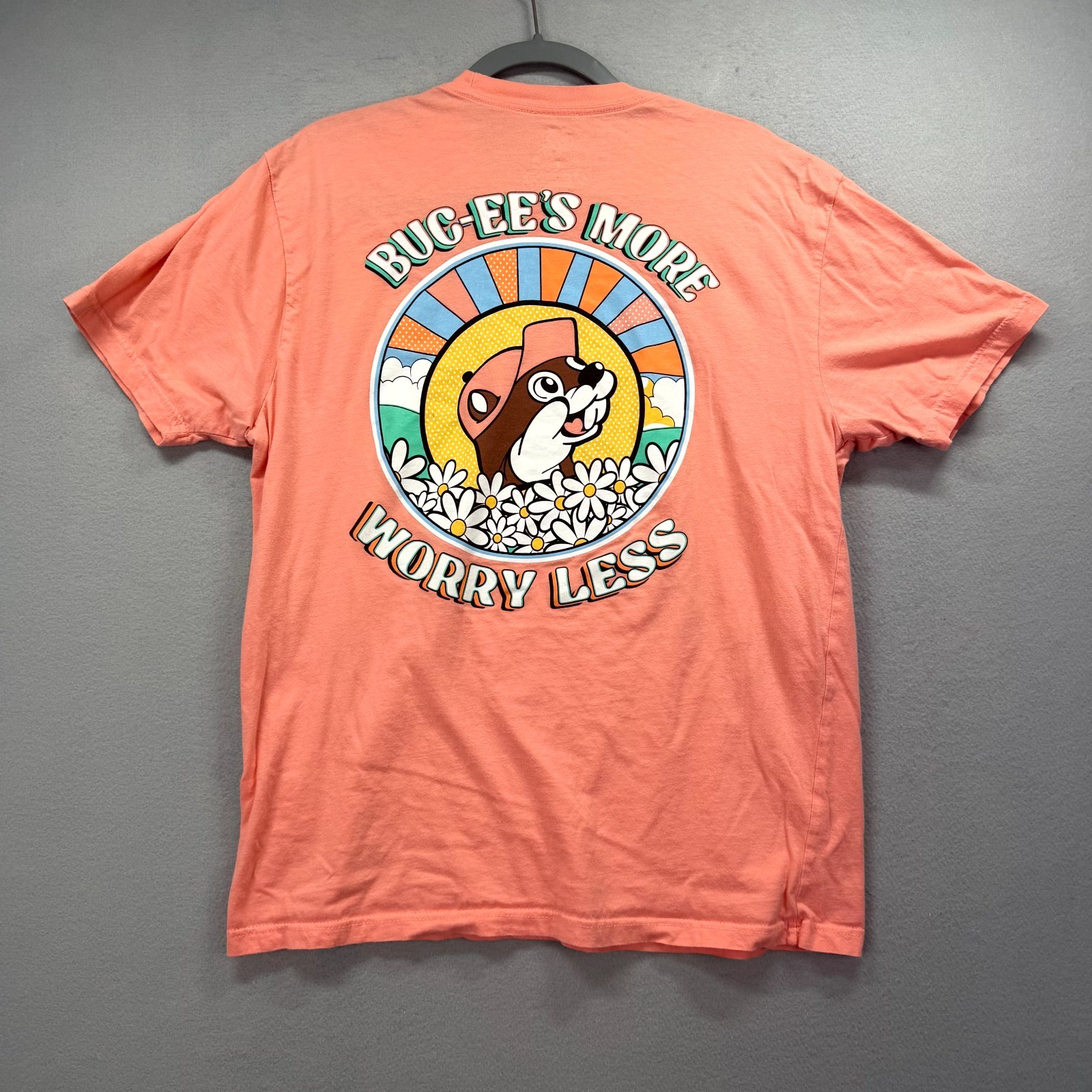 Buc-ee’s More Worry Less Floral T Shirt Men Large Orange Floral Short Sleeve Tee