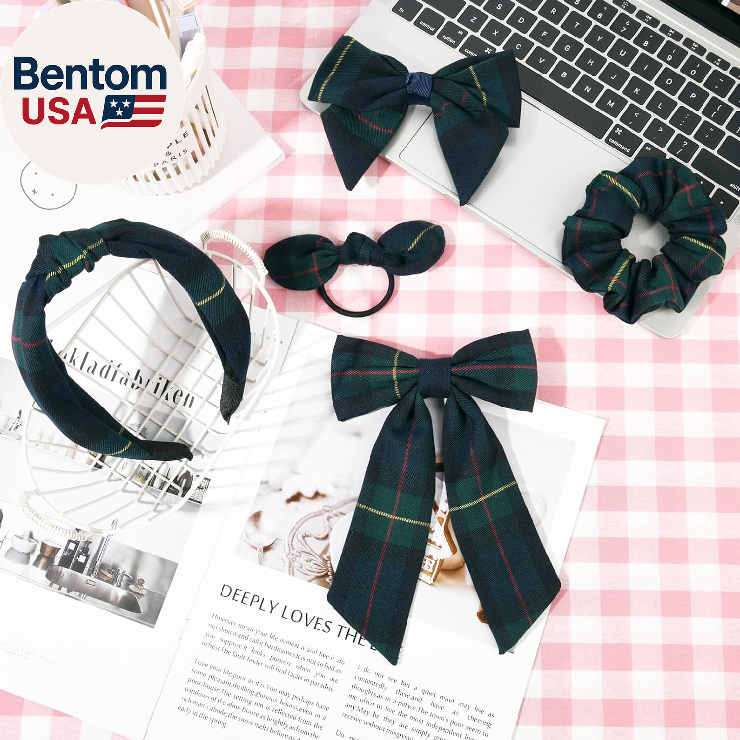5 Styles Uniform Plaid Long Tail Hair Bows Knotted Headband Scrunchies Bow Set A
