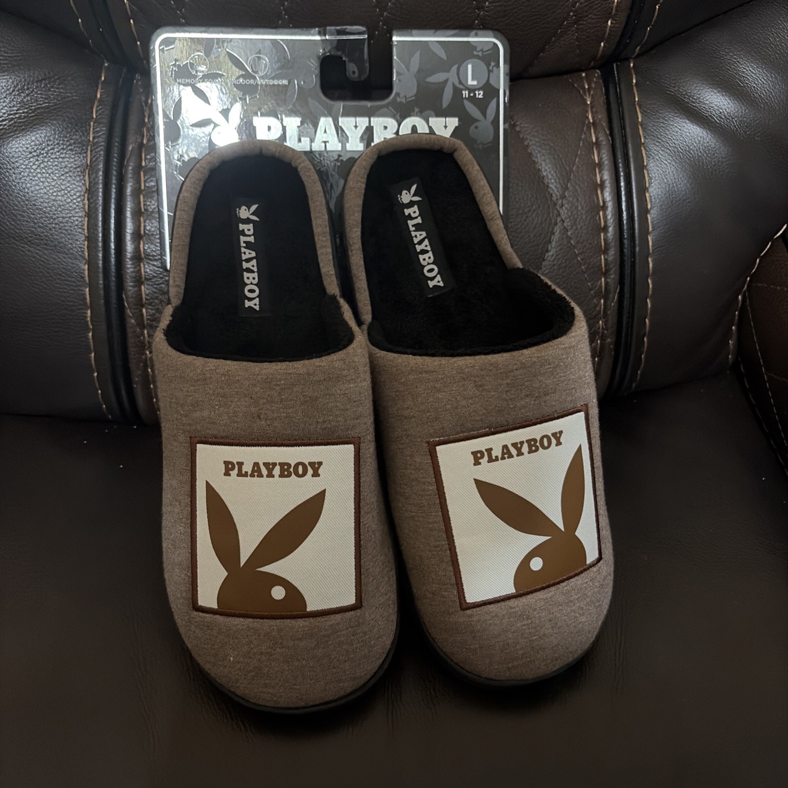 Playboy Bunny Mens Memory Foam Indoor Outdoor Tan Slippers Slides 11-12 Large