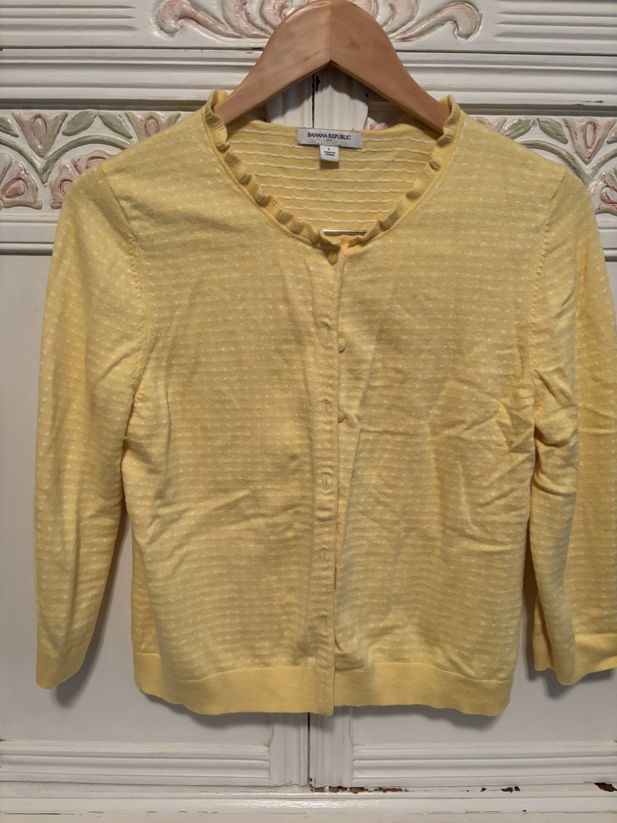 Banana Republic Yellow/White Polka Dots Lightweight Cardigan Sweater Women’s L