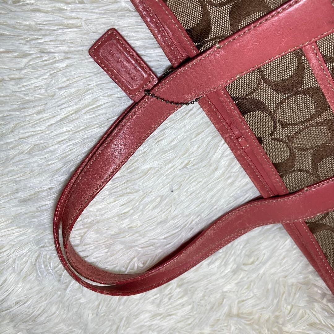 COACH Pink Brown Canvas Leather Tote Bag Logo Inner Pockets 11.8×12.6 in