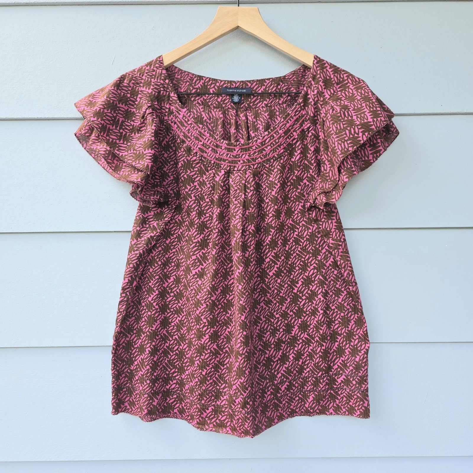 Tommy Hilfiger Women’s S Pink Brown Floral Flutter Sleeve Scoop Neck Blouse