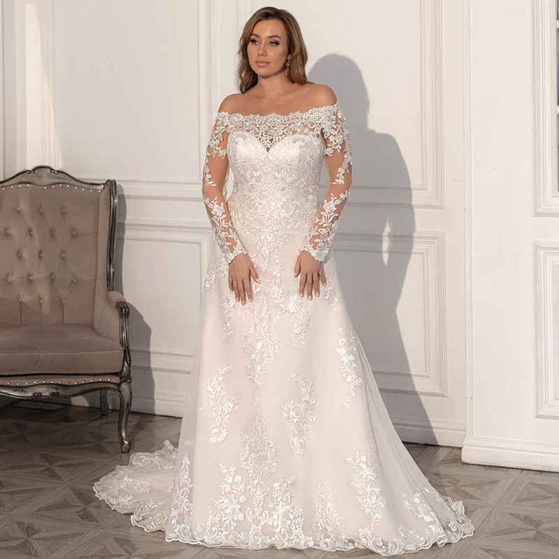 Classic A-line Lace Long Sleeve Wedding Dresses Boat Neck Corset Appliques