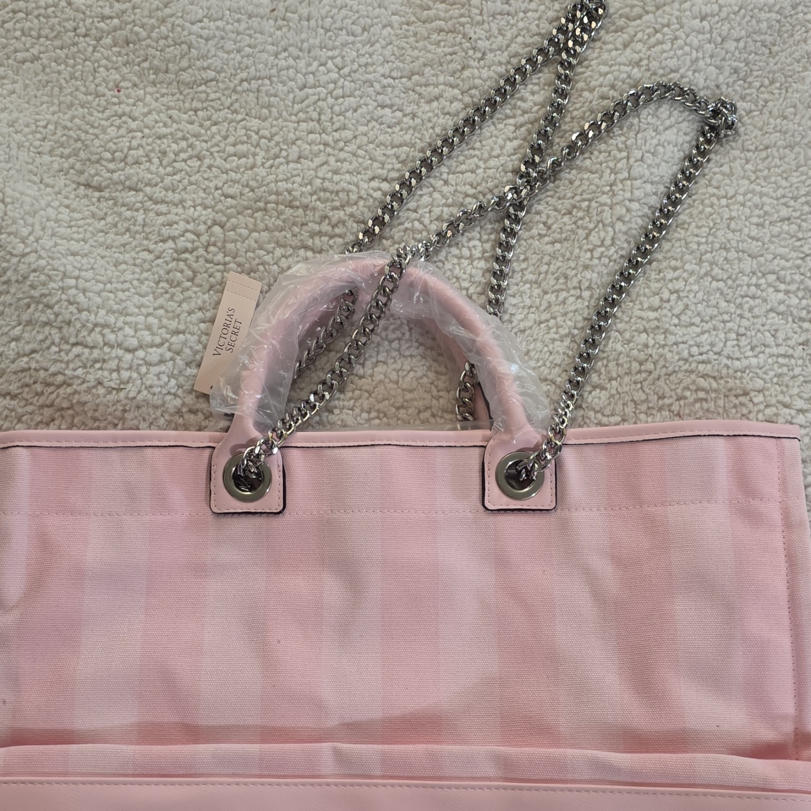 Victoria’s Secret New York Pink Striped Large Tote Bag, Chain Straps, Charm