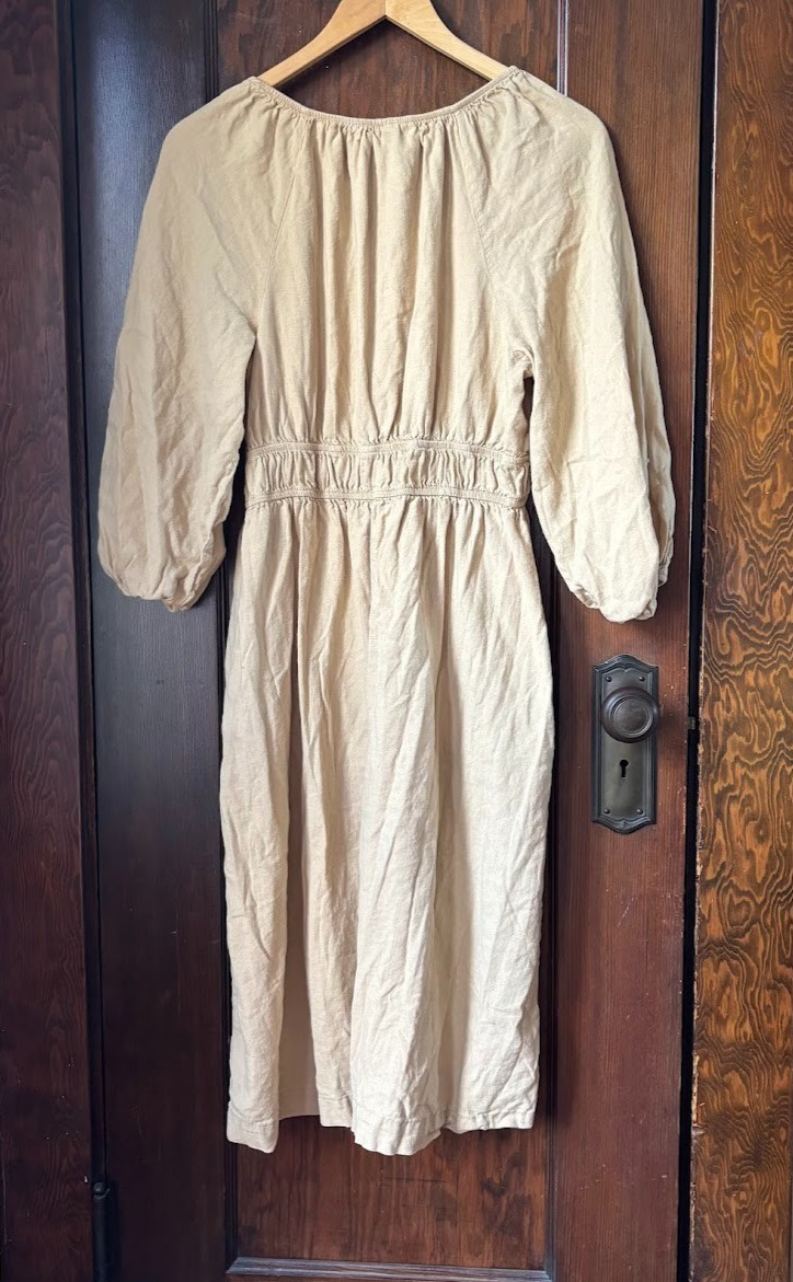 LINEN Blend Boho Cottage Midi Dress Medium M Smocked Beige Khaki Peasant Travel