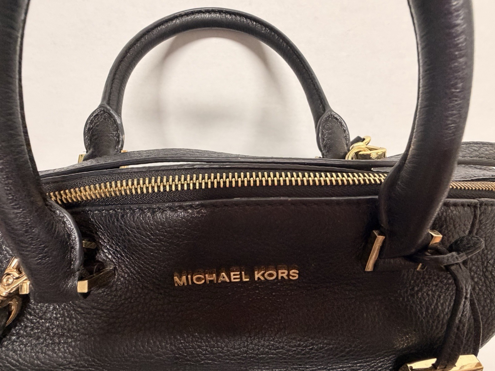 Michael Kors Black Pebbled Satchel Top Handle, Detachable Strap, Gold Hardware
