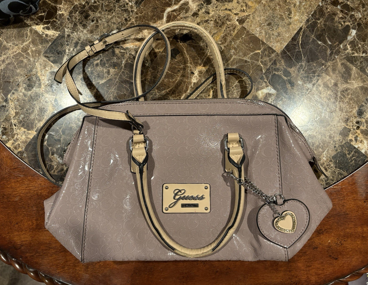 GUESS Light Purple Satchel Top Handle Zip Bag, Adjustable Strap, Heart Charm