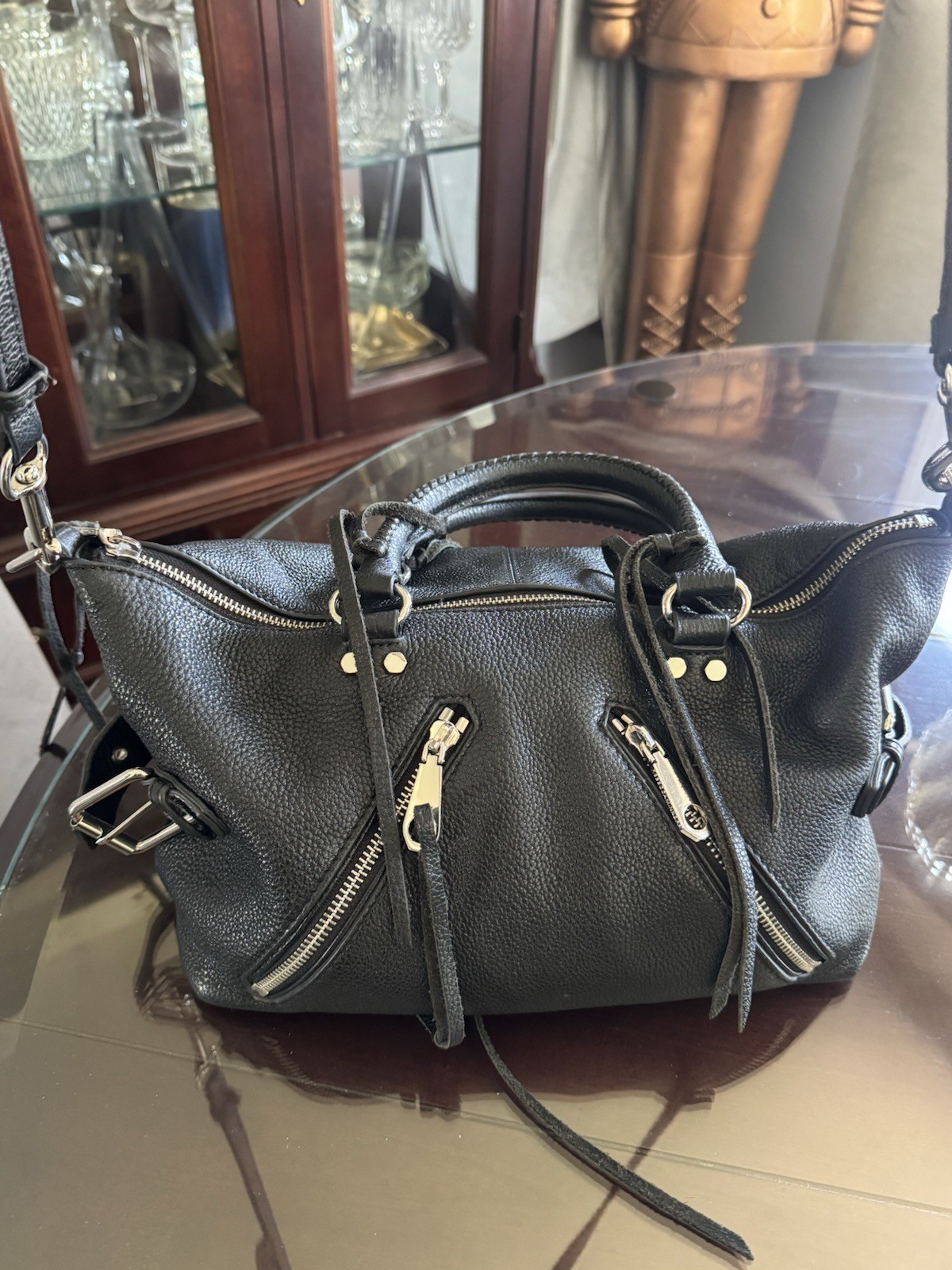 Rebecca Minkoff Black Pebbled Satchel Detachable Strap Inner Pockets