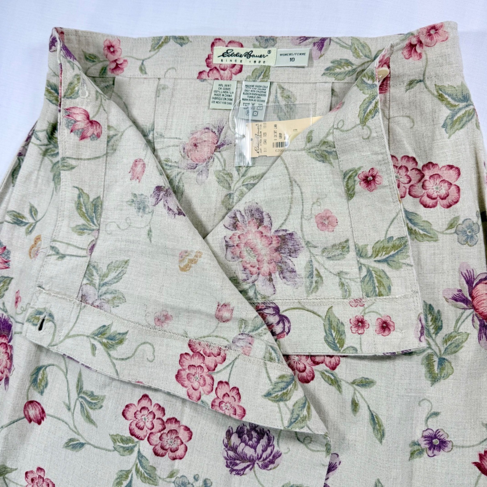 VTG 90s Eddie Bauer Womens Floral 100%Linen Wrap Skirt Beige Pink Purple Maxi 10