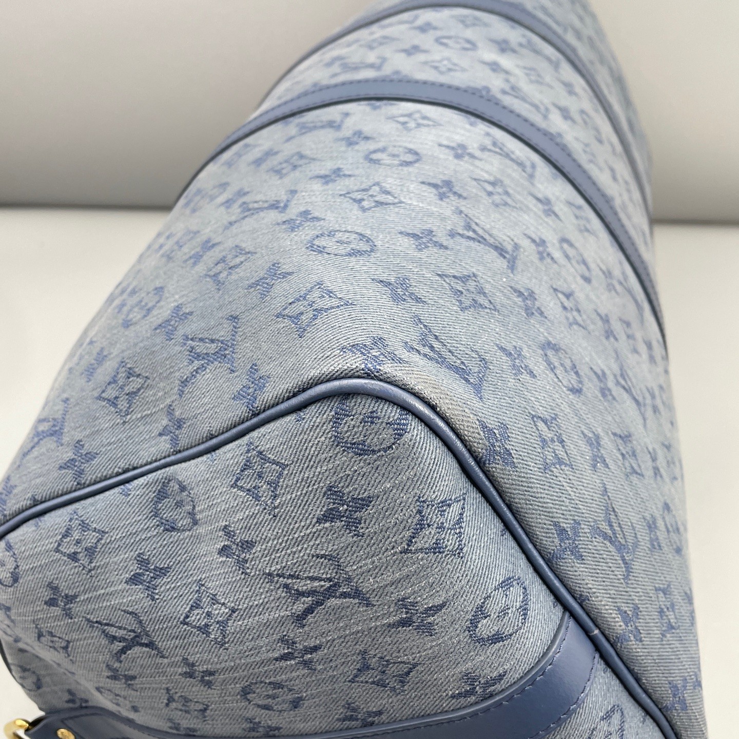 AUTH LOUIS VUITTON LV Keepall 50 Blue Denim Canvas Travel Duffle Bag.