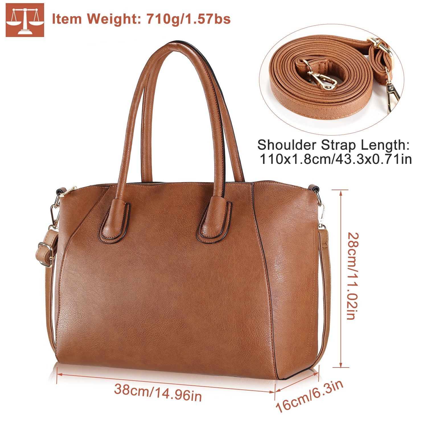 Caramel Brown‌ Handbag Shoulder Bag PU Leather Zipper Tote Bag Satchel for Women