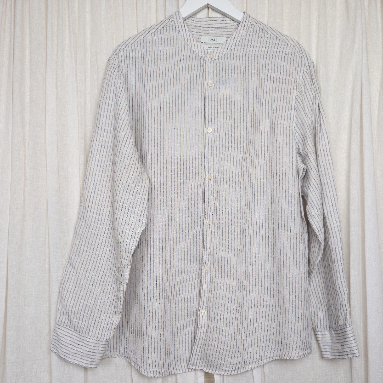 M&S Pure Linen Shirt Collarless Natural Blue Stripe Mens XL 44-46″ Ch