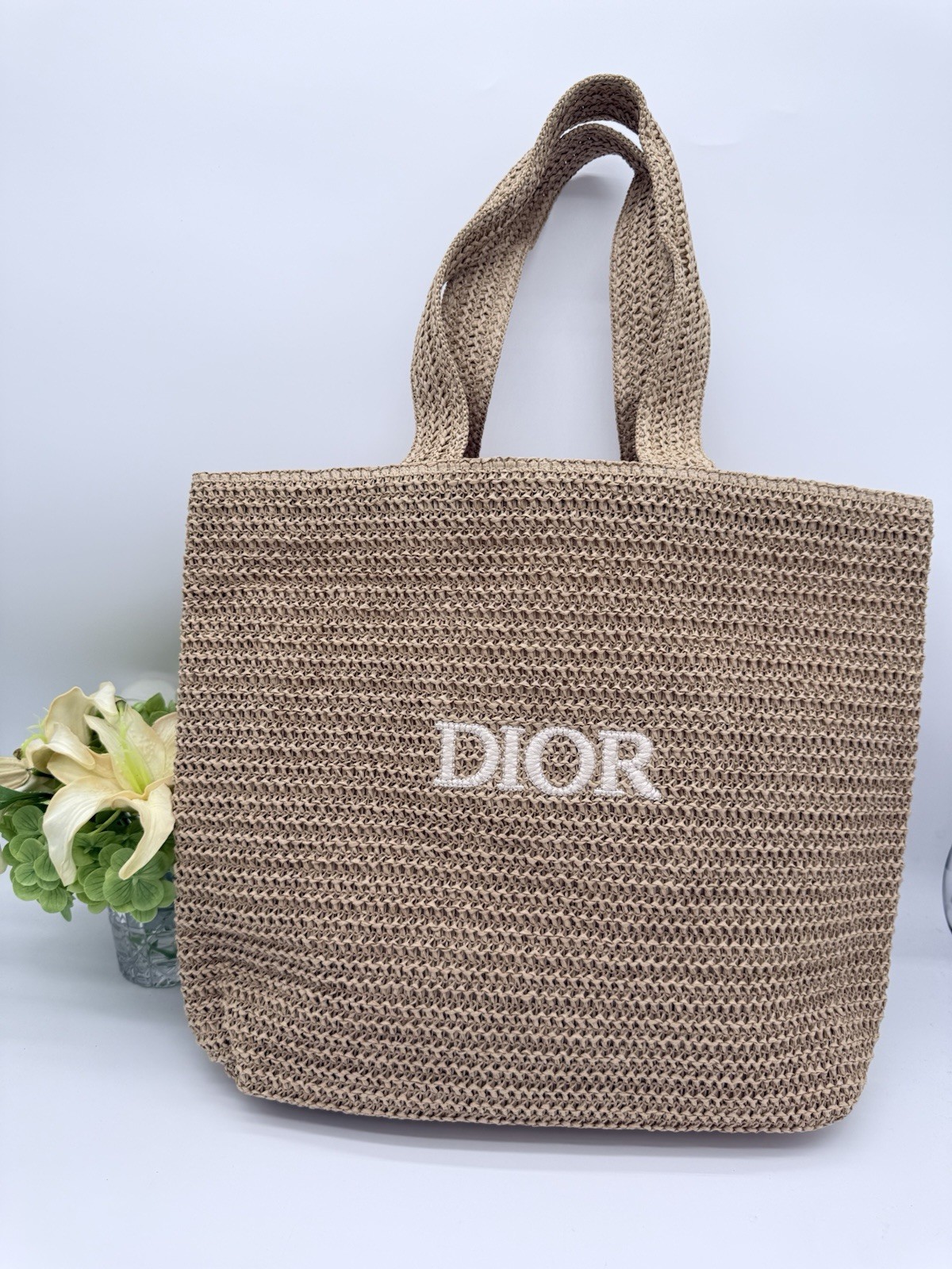 Dior Beauty GWP Beige Straw Tote Bag 17” * 13” * 4”