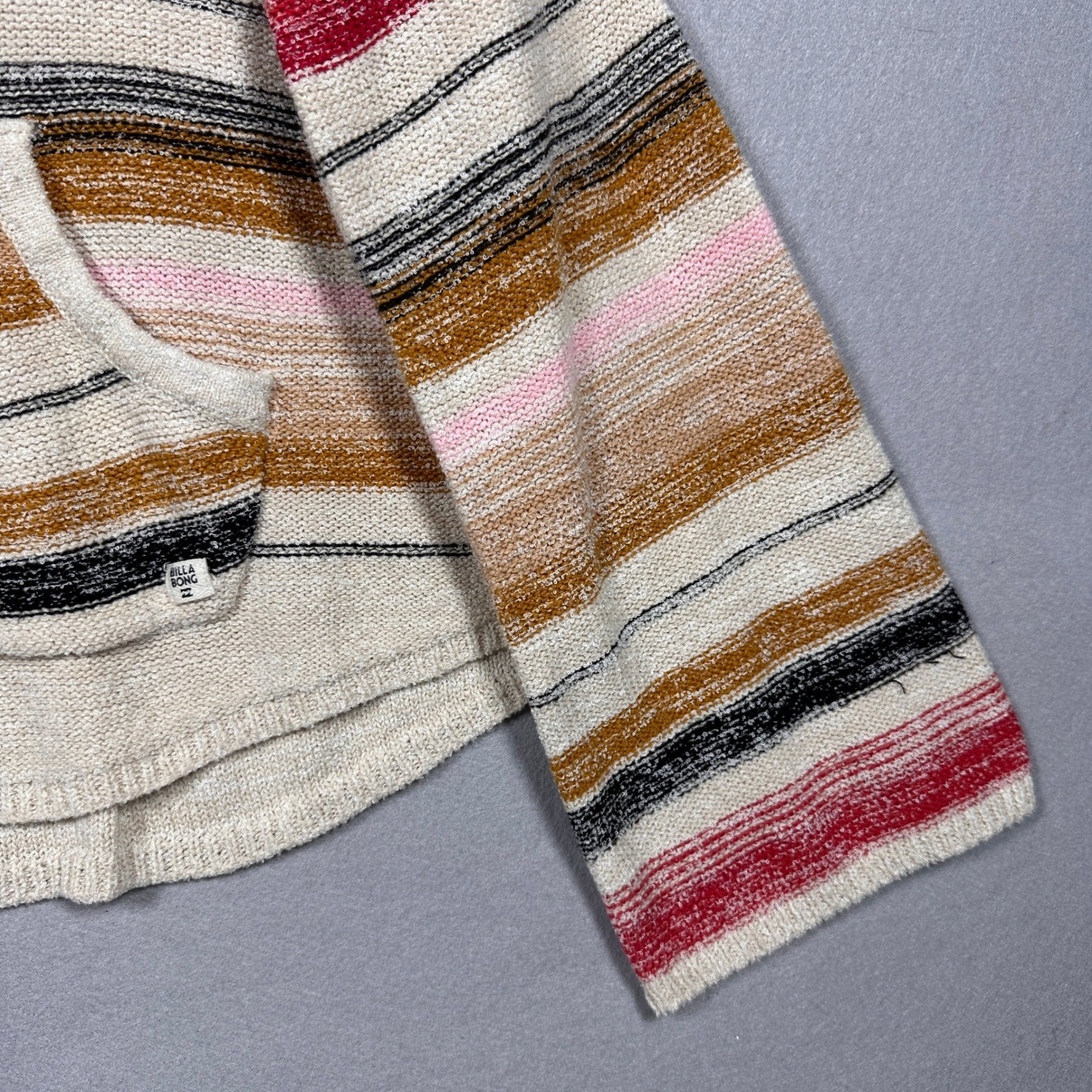 Billabong Womens Striped Knit Hoodie Sweater Multicolor V-Neck Coastal Boho L