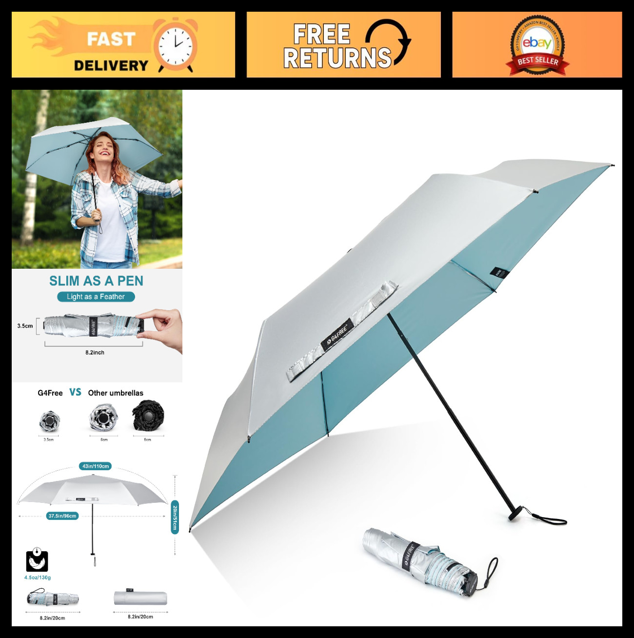 Compact 43″ Mini Travel Umbrella – Ultralight, UPF 50+ UV Protection, Carbon Fib