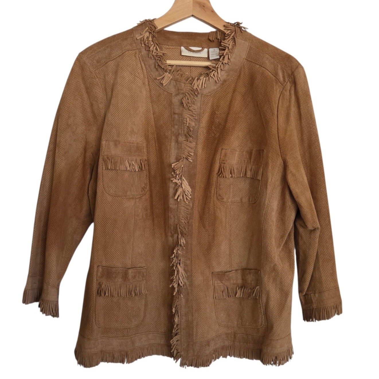 Chico’s Distressed Fringe Leather Shacket Shirt Jacket 3/4 Sleeve Sz 3 or XL