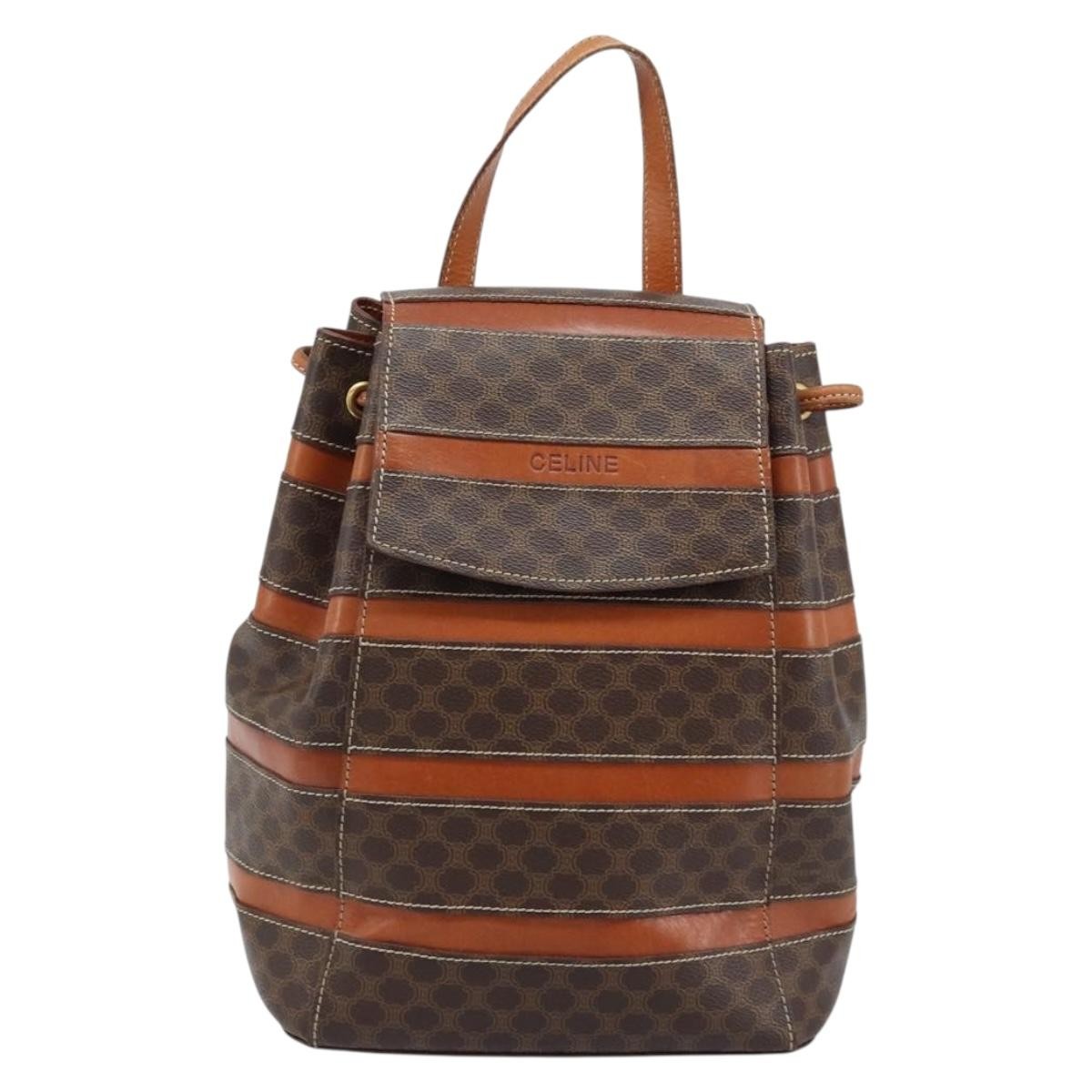 CELINE Macadam Canvas Backpack PVC Leather Brown Gold Auth bs33733