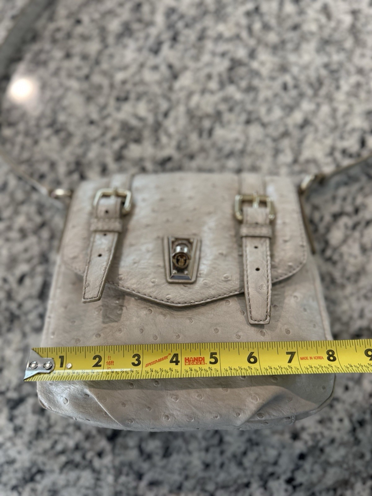 Marc by Marc Jacobs Gray Ostrich Shoulder Bag Turn Lock Buckle Silver Hardware