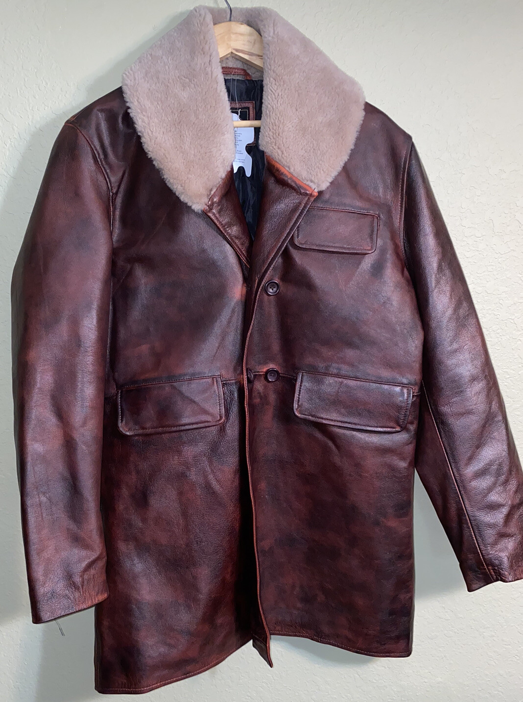 NWT America Suits Deep Red 100% Genuine Leather Trench Fleece Lined Jacket Large