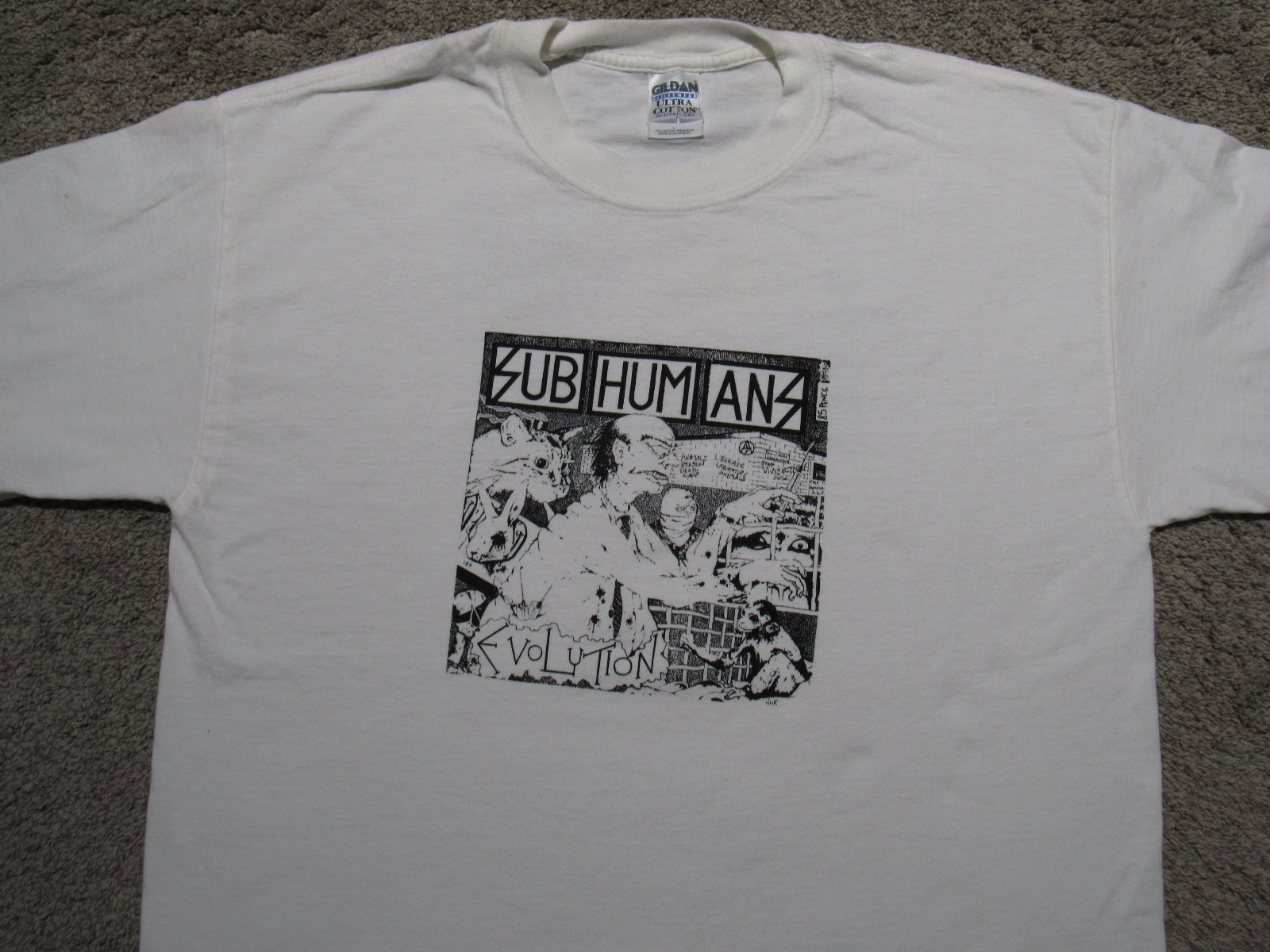 Vtg 90s SUBHUMANS Evolution 2-Sided Cat T-SHIRT L Hardcore Punk Band CD LP EP 7″