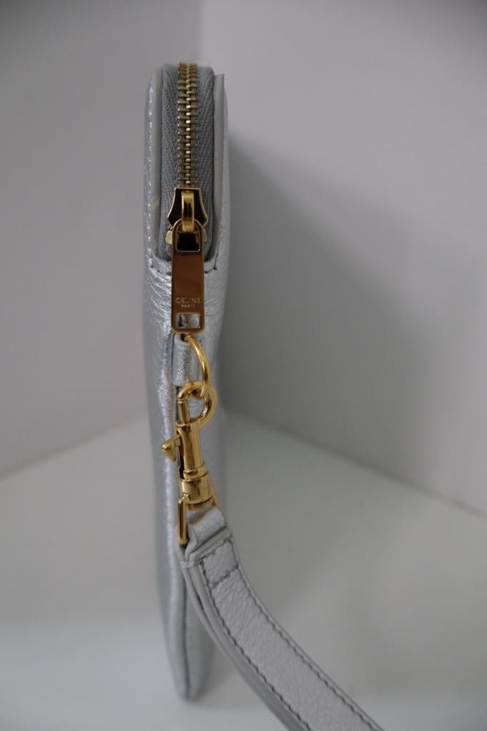 NIB CELINE Silver Leather Pouch/Wristlet Clutch Bag