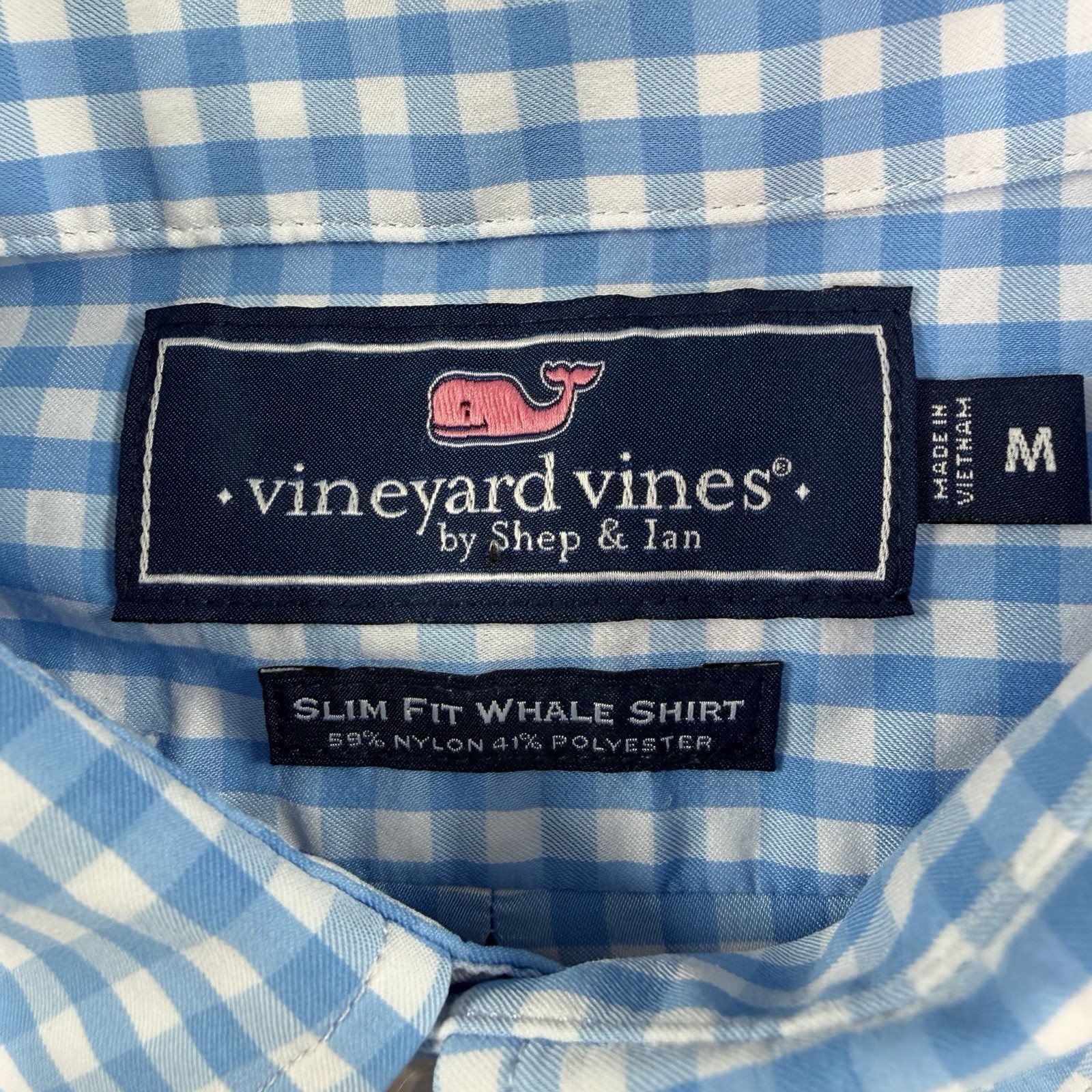 Vineyard Vines Mens M Blue Check Slim Fit Whale Long Sleeve Shirt Nylon/Poly