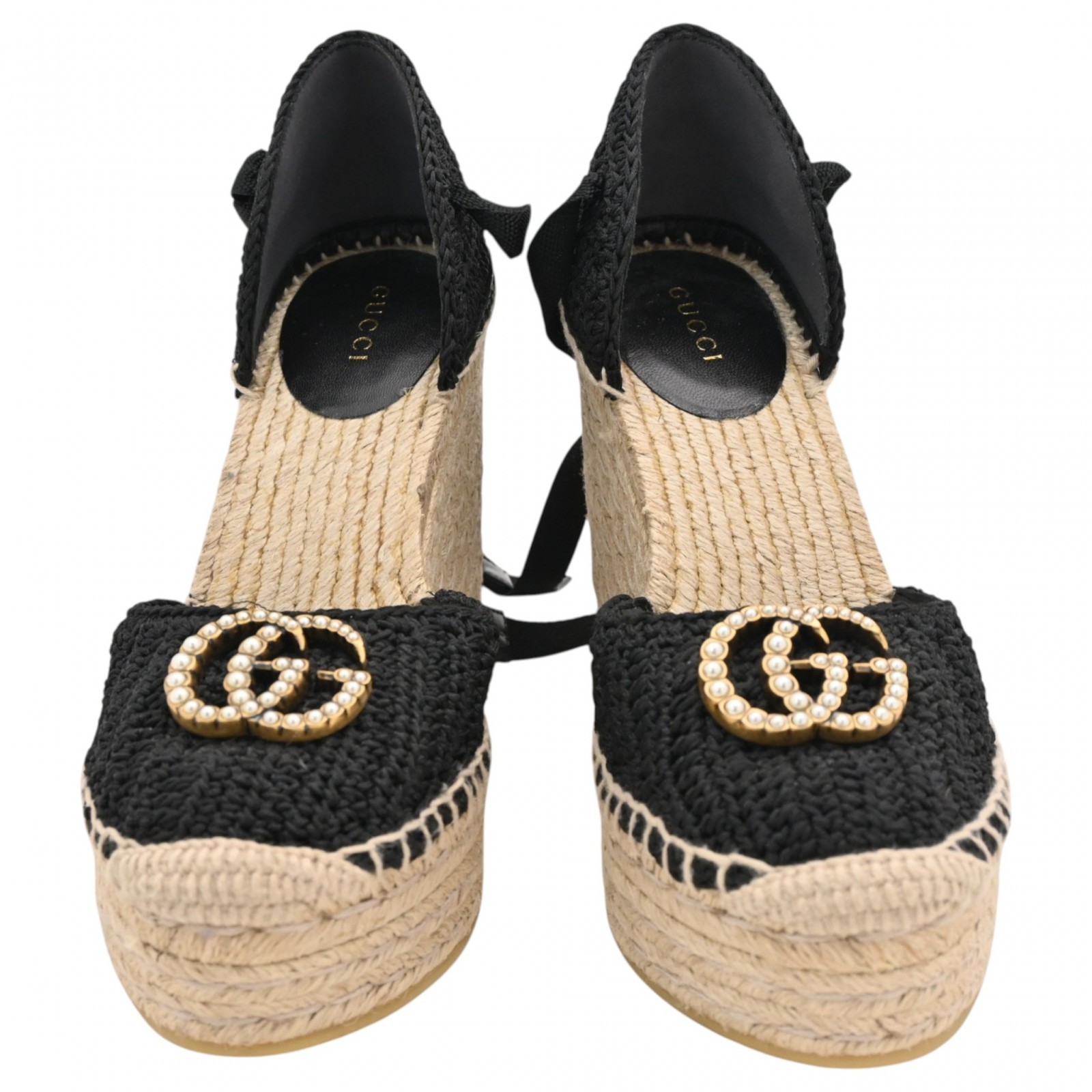 Auth GUCCI GG Marmont Espadrille Wedge Sole Sandals Black × Beige gu8934ns