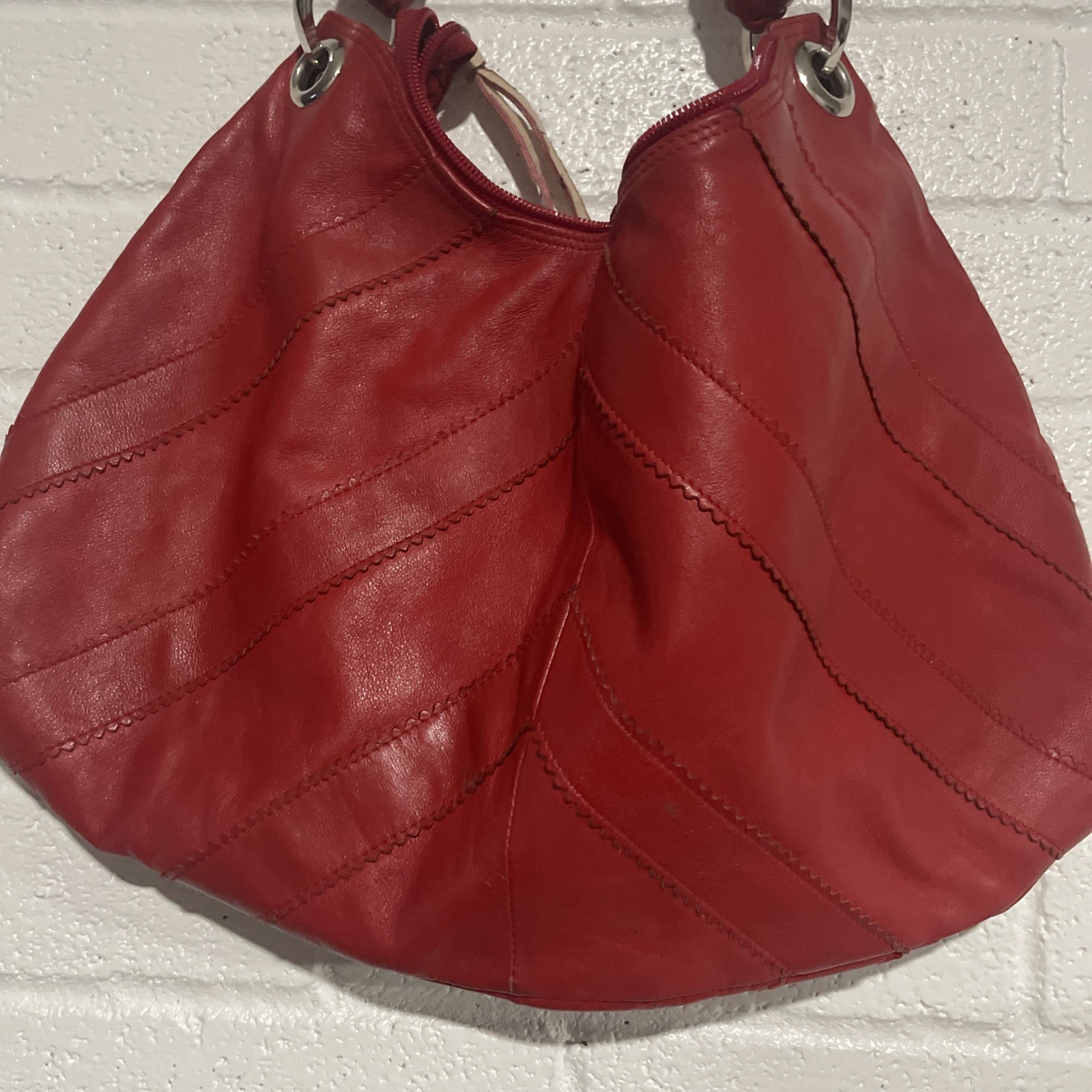 Falor Red Woven Handle Leather Women’s Tote Bag Slouchy Shoulder Bag READ