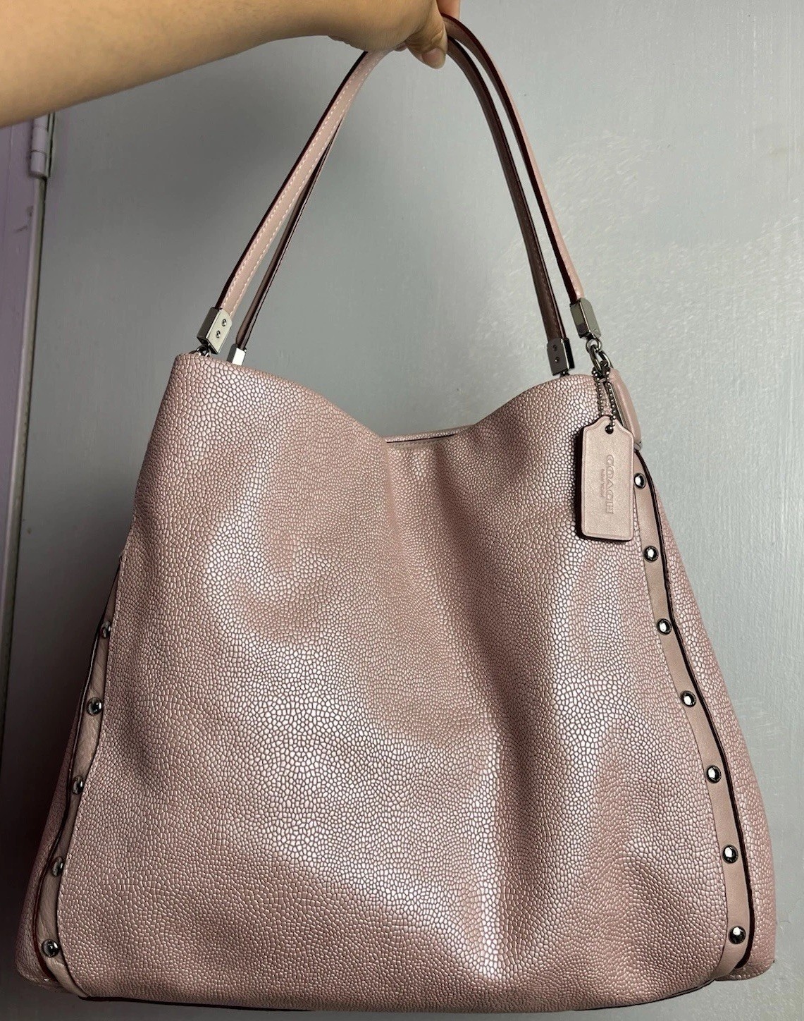 Coach F35211 Phoebe Madison Studded Caviar Pink Leather Shoulder Bag Tuberose