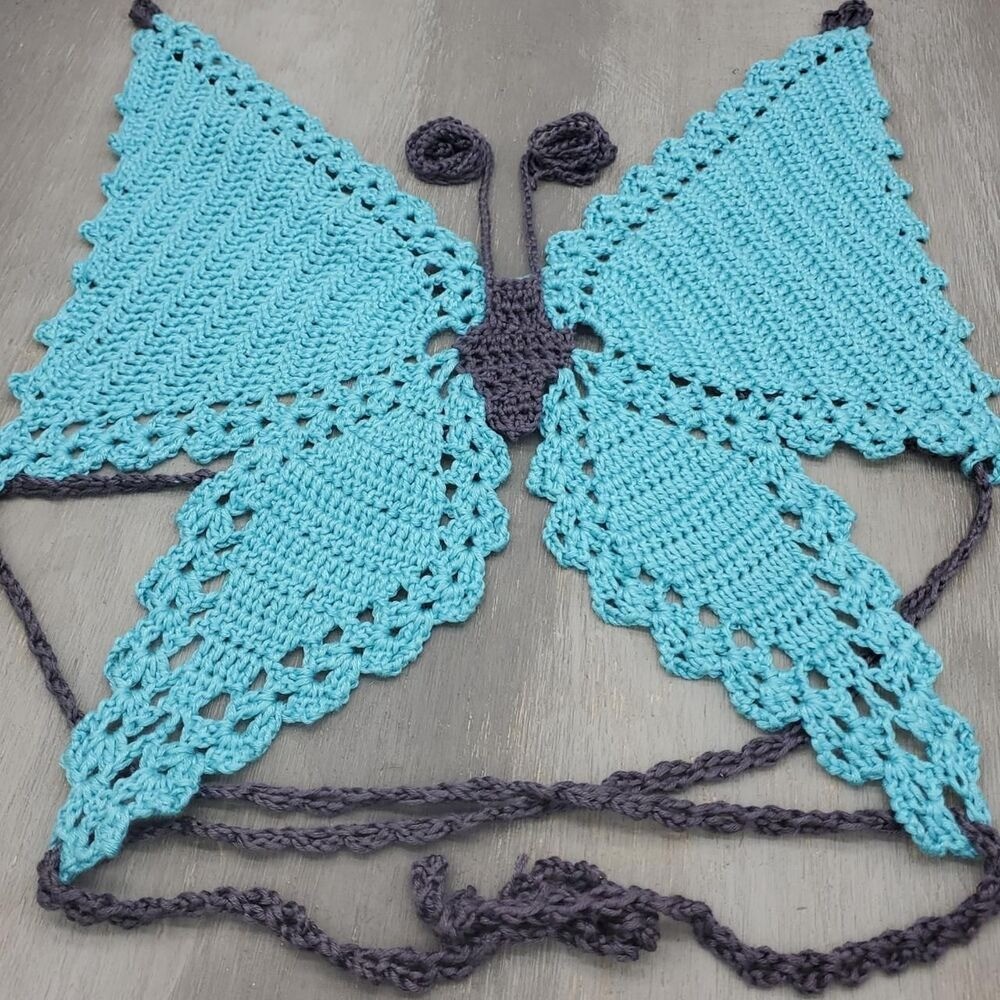 Handmade Crochet Butterfly Crop Top – Green & dark gray – Festival Fit