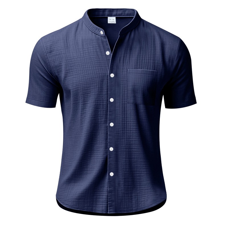 Summer Solid Stand Collar Pocket Loose Casual Shirt Tee