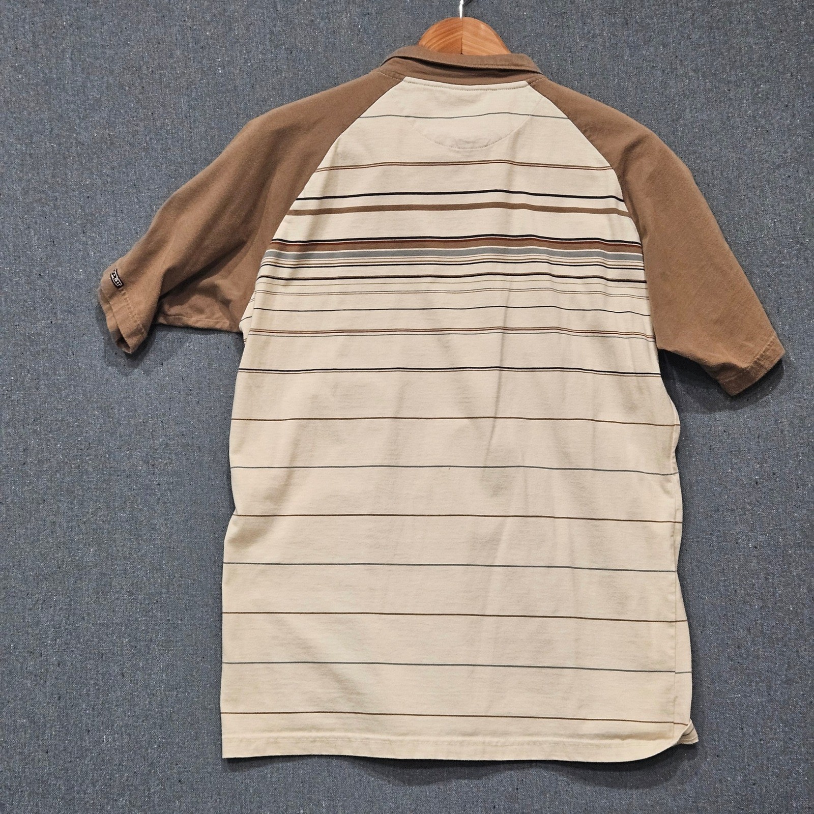 Split Skater Polo Shirt Mens Large Brown Cream Striped Raglan Y2K Streetwear