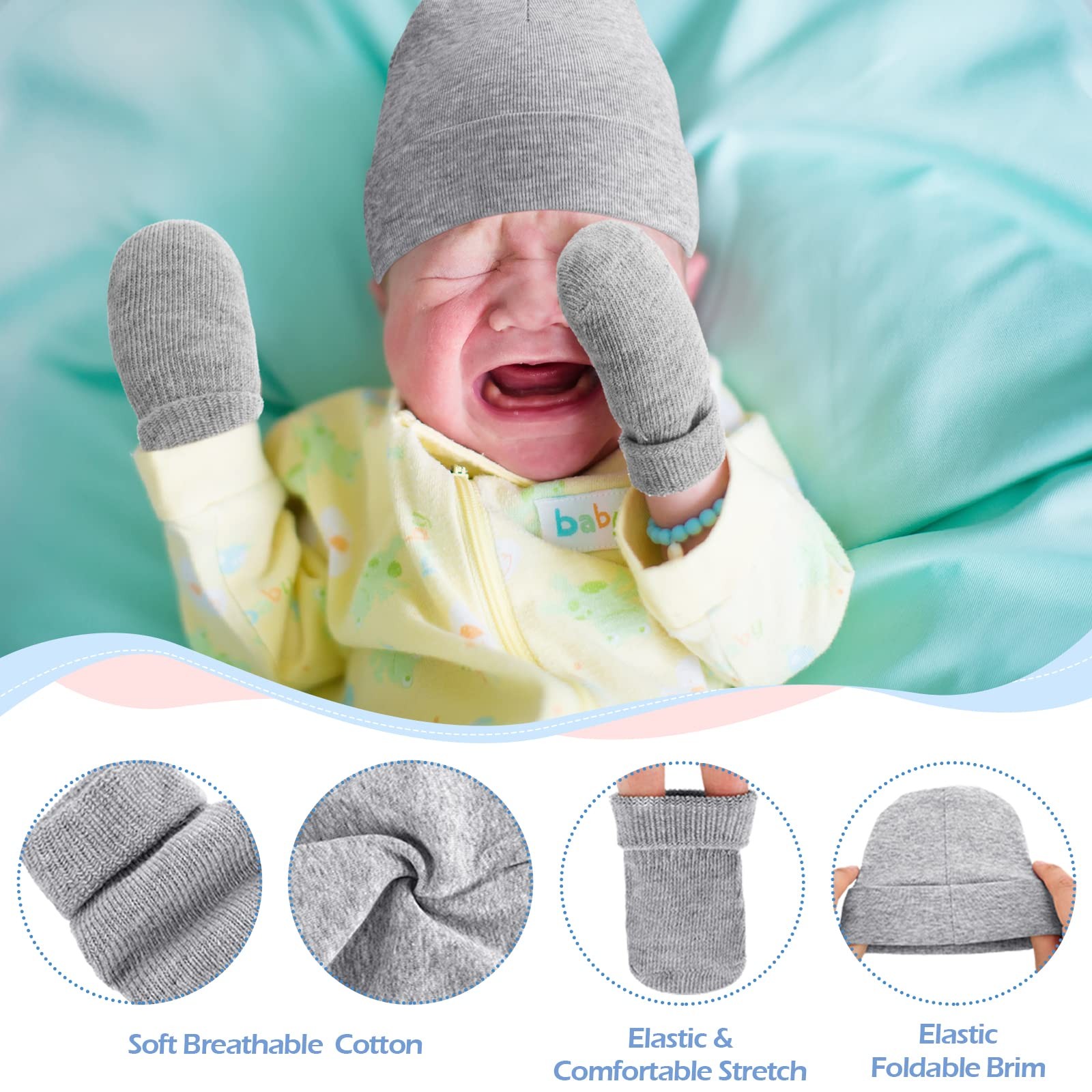 Hercicy 4 Pack Preemie Hat One Size, Black, White, Light Gray, Khaki