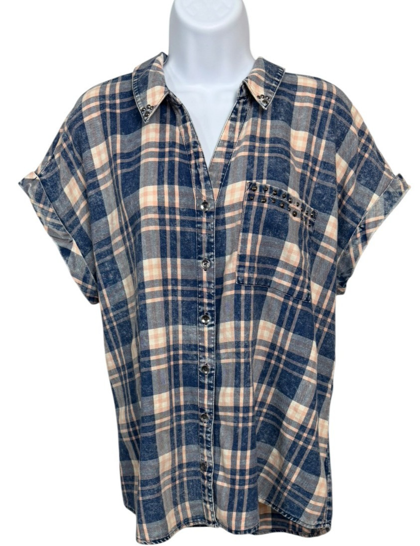 Rock and Republic Women’s XL Plaid Embellished Cotton Shirt Blue Pink