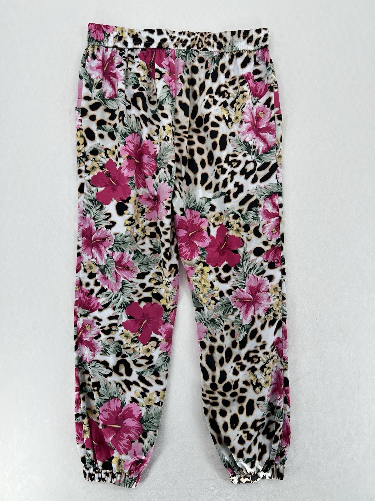 Boston Proper Floral Animal Print Jogger Pants Elastic Waist Polyester