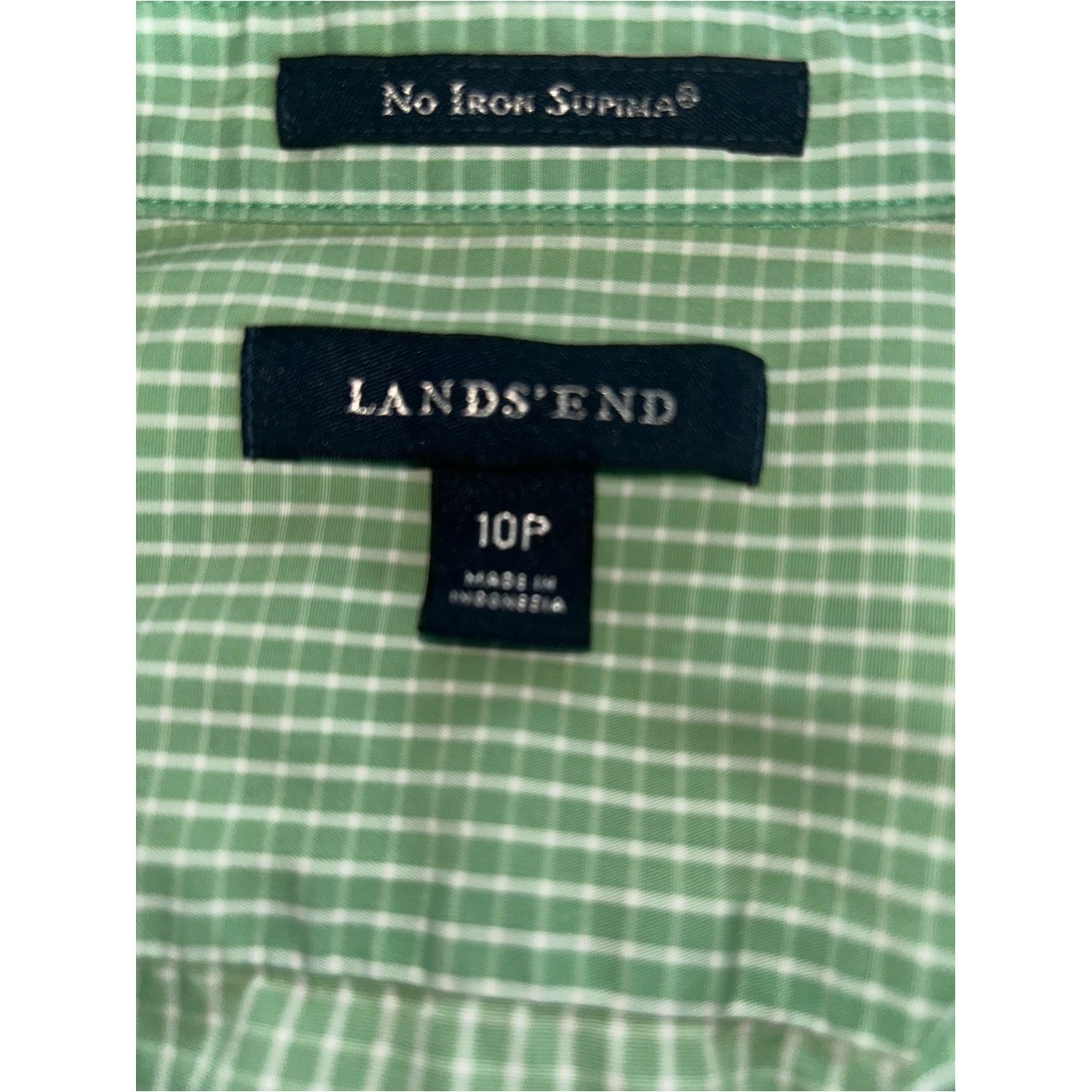Lands’ End No Iron Supima Cotton Green Gingham Button Up Shirt Petite 10P