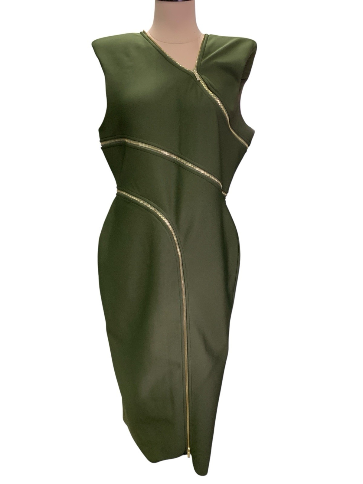 KAREN MILLEN Bandage Form Fitting Zip Detail Midi Dress Khaki Size Large NWTS