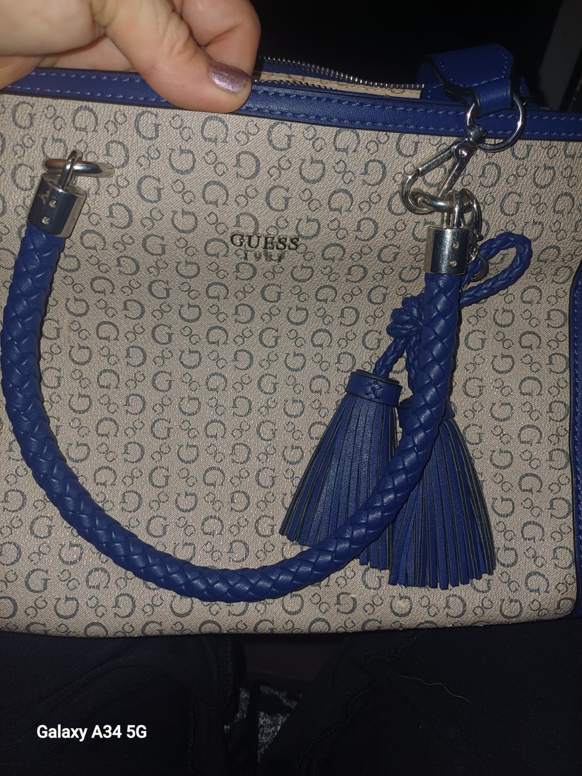 GUESS Logo Satchel Top Handle Zip Handbag Beige/Blue Tassel Charm Silver