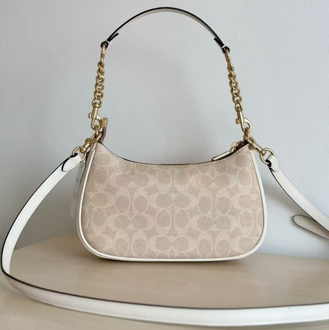 NWT Coach CV933 Teri Shoulder Bag In Signature Canvas Silver /Sand/Taupe