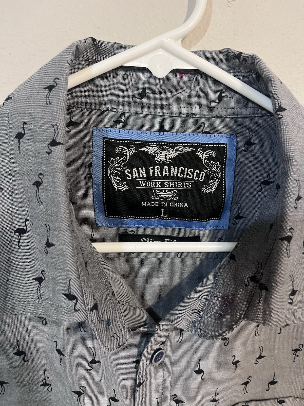 San Francisco Work Shirt Size L Slim Fit Flamingo Print Mens
