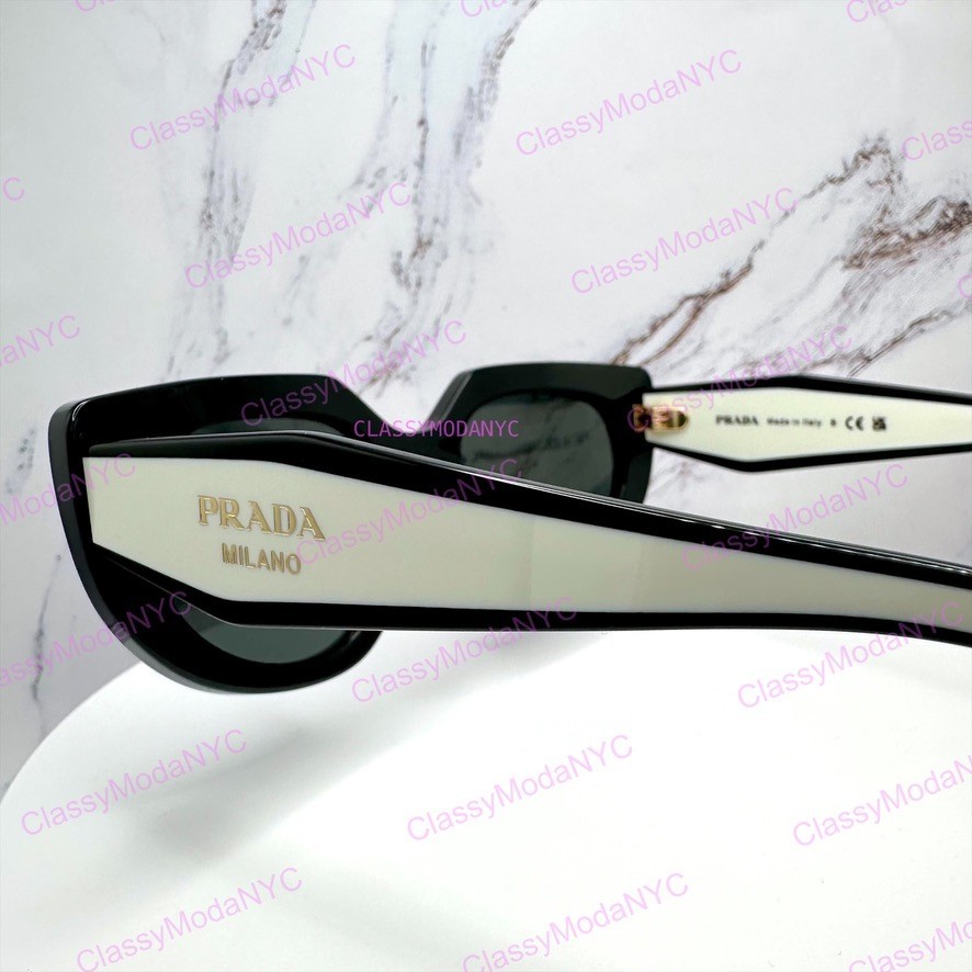 PRADA Sunglasses New Black White Gold Symbole Cat Eye Womens w/ Box & Case
