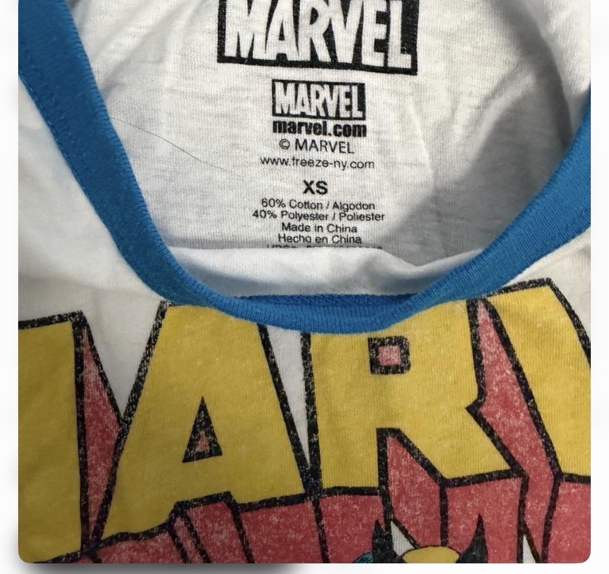 Marvel Boys XS Ringer T-Shirt Graphic Print White/Blue Trim Crew Neck