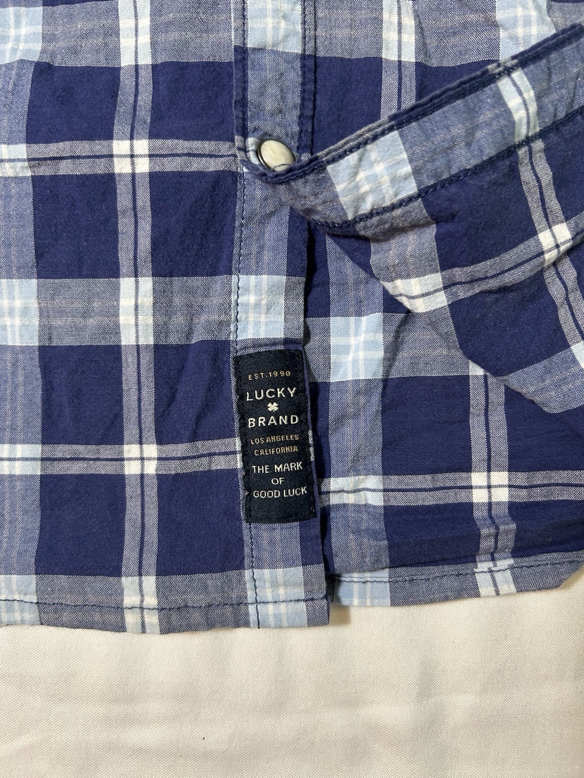 Lucky Brand Mens Short Sleeve Blue Western Pearl Snap Saturday Stretch Sz Large