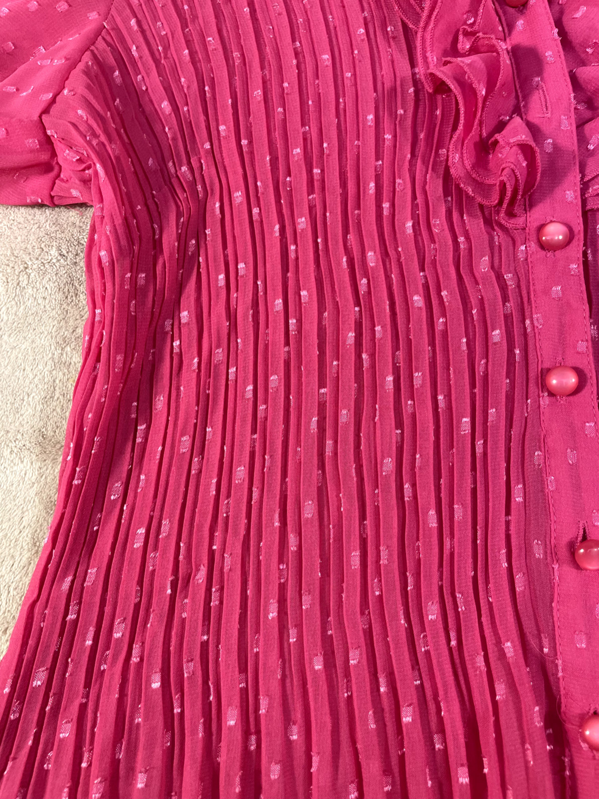 Misty & Max Sz L Women’s Sheer Pink Button Ruffle Collar Blouse Shirred Cuff