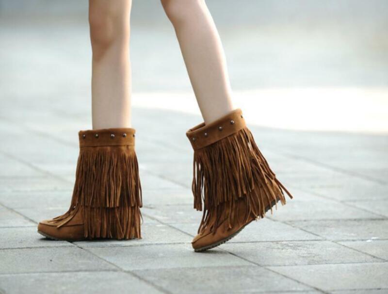 Fringes Womens Rivet Tassel Round Toe Hidden Wedge Mid Calf Boots Pull on Shoes