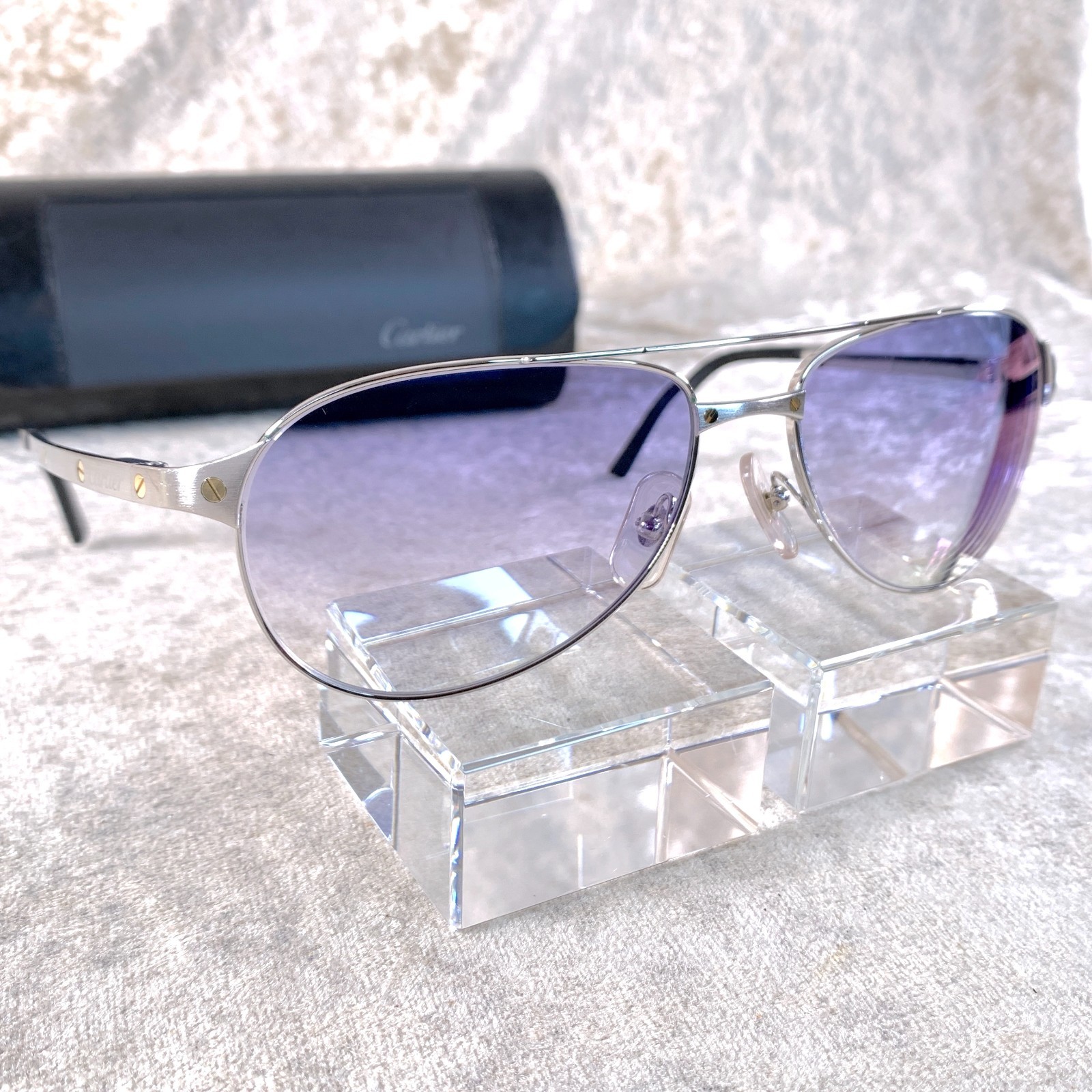 Cartier Santos Dumont Sunglasses Silver Frame with Blue Lens 58-16-130 with Case