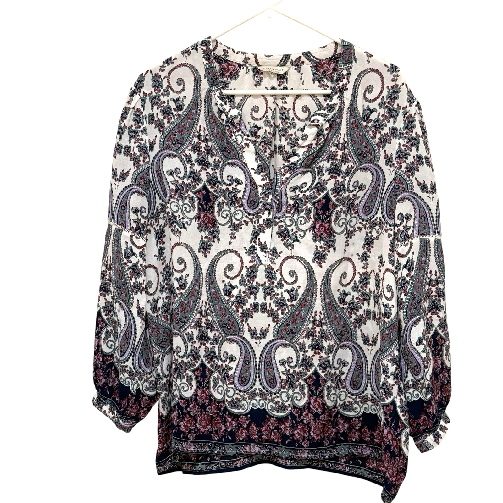 Lucky Brand Women’s Peasant Paisley Boho White Purple Popover L