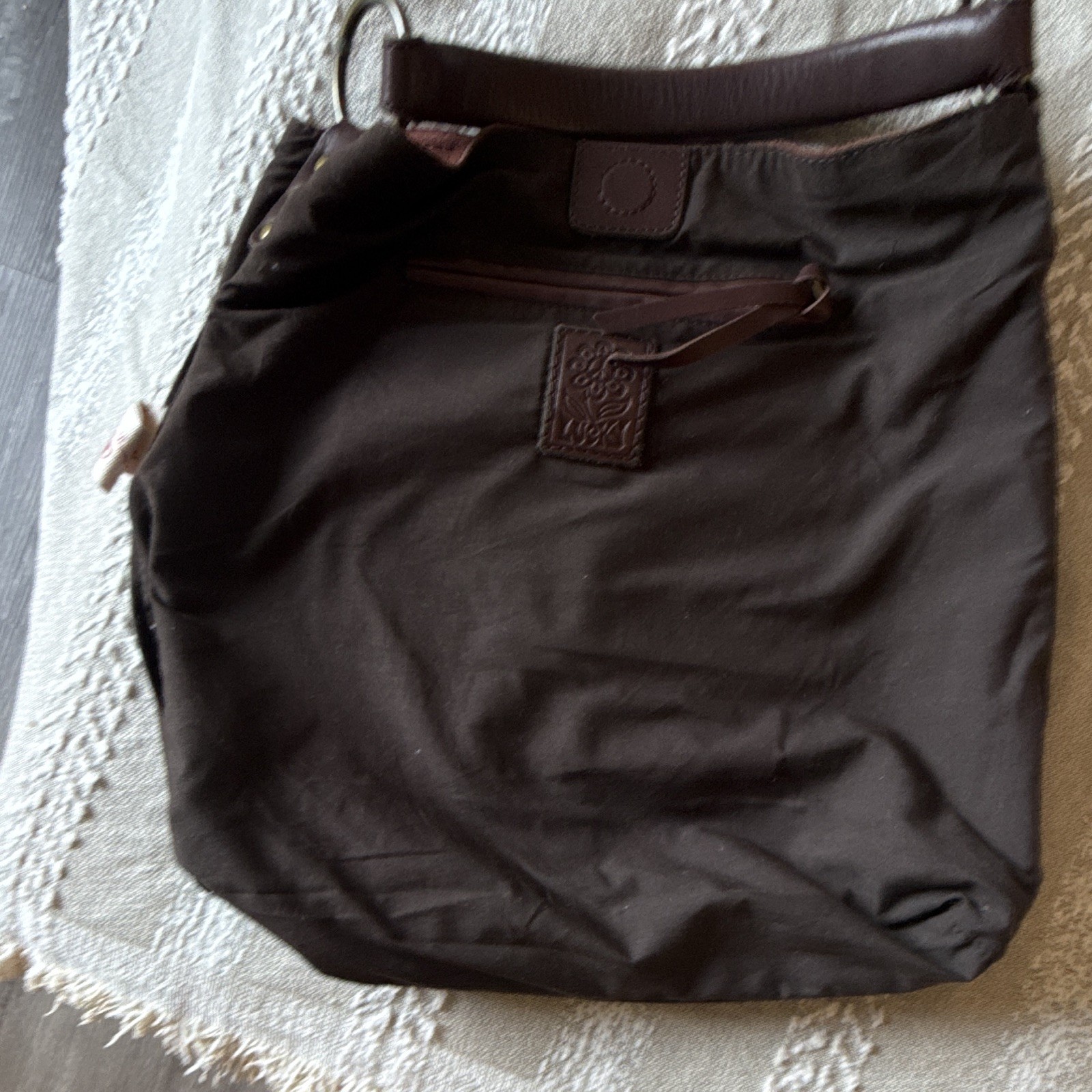 Lucky Brand Brown Floral Studded Whipstitch Shoulder Bag, Zip, Brass HW