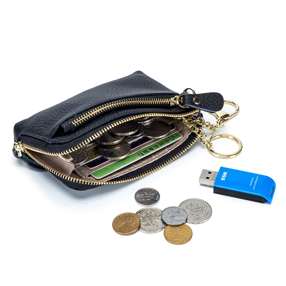 Soft Real Leather Coin Purse for Women Wristlet Mini Pouch Wallet with Keychain