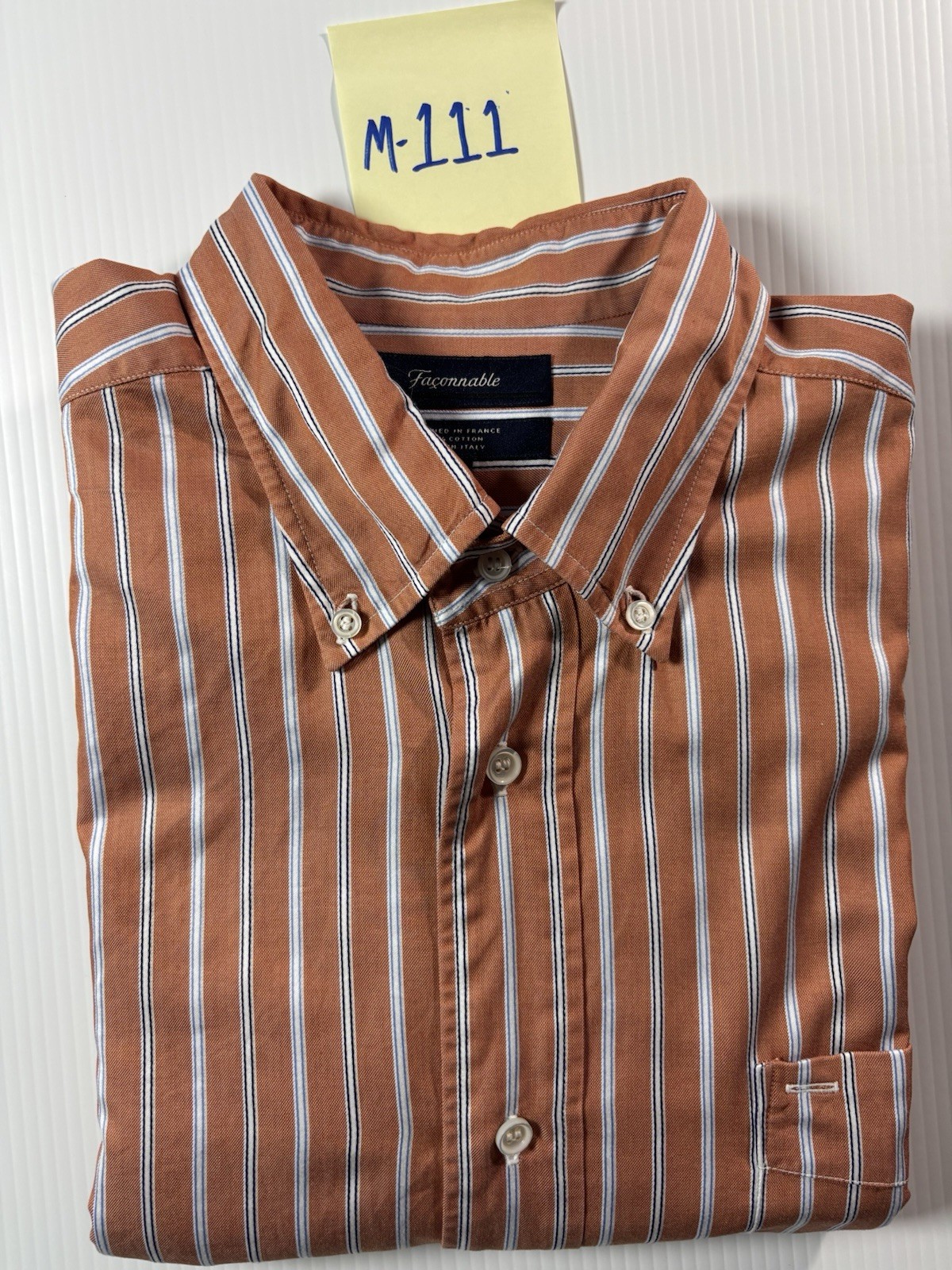 Faconnable Shirt Mens 2XL Orange White Blue Striped Woven Cotton BD LS Pocket